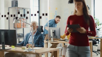 Wall Mural - Female Specialist Works on Desktop Computer, Project Manager Stands Beside and gives Advice on Optimizing Workflow for Customer Experience Management. Modern Office with Diverse Team of Professionals