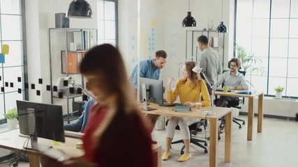 Aufkleber - In the Busy Office: Group of Professional Businesspeople Working on Desktop Computers, Talking With Colleagues. Business Management Optimizing Strartup Strategy, Works with Clients and Customers