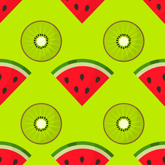 Wall Mural - Watermelonand kiwi slices summer green seamless pattern.
