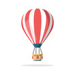 Hot air balloon with basket isolated on background. Travel, adventure, flight in sky concept. Vector flat design