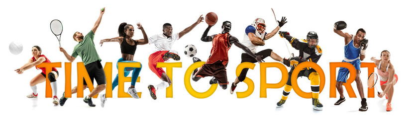 Wall Mural - Creative collage of sportsmen in action of game on white background. Advertising, sport, healthy lifestyle, motion, activity, movement concept. American football, soccer, tennis, volleyball, box.