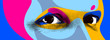 Looking eyes 8 bit dotted design style vector abstraction, human face stylized design element, with colorful splats.