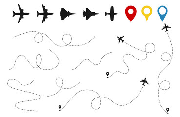 Poster - plane paths vector. aircraft tracking, planes silhouettes, location pins isolated on white backgroun