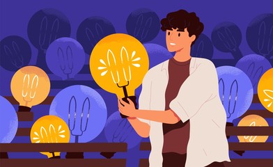 Aufkleber - Young happy man holding lightbulb. Smiling boy with light bulb. Concept of generation of innovative ideas, creative thought, creativity and imagination. Flat cartoon colorful vector illustration.