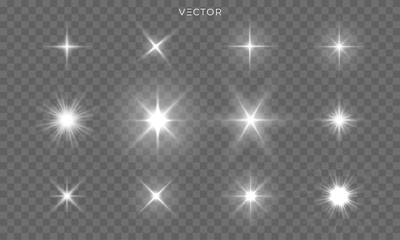 star shines and light glow sparks, vector bright flare sparkles. star flash effect on transparent ba