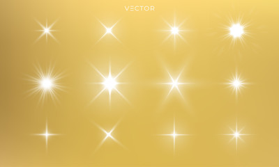 Wall Mural - Star shine, golden light glow sparks, vector bright gold sparkles with lens flare effect. Isolated sun flash and starlight shiny rays