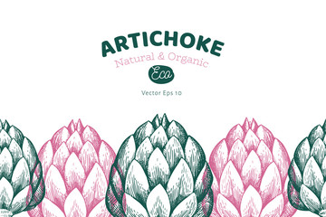 Artichoke vegetable design template. Hand drawn vector food illustration. Engraved style vegetable frame. Retro botanical banner.