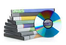 DVD, CD-ROM Or Blu-Ray Disc With Stacked Boxes For Movies, Audio Or Software On White