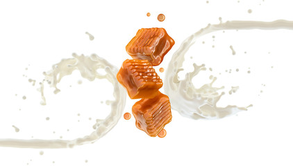 Fresh milk, yogurt or cream swirl splash twisted with falling toffees caramel candies. Yummy sweet caramel candies and cream or milk template. Advertising design element isolated on white background