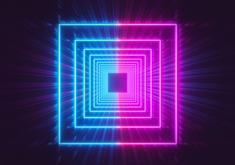 Poster - Glowing neon lights square tunnel abstract background. pink and blue vibrant colors. 3d rendering