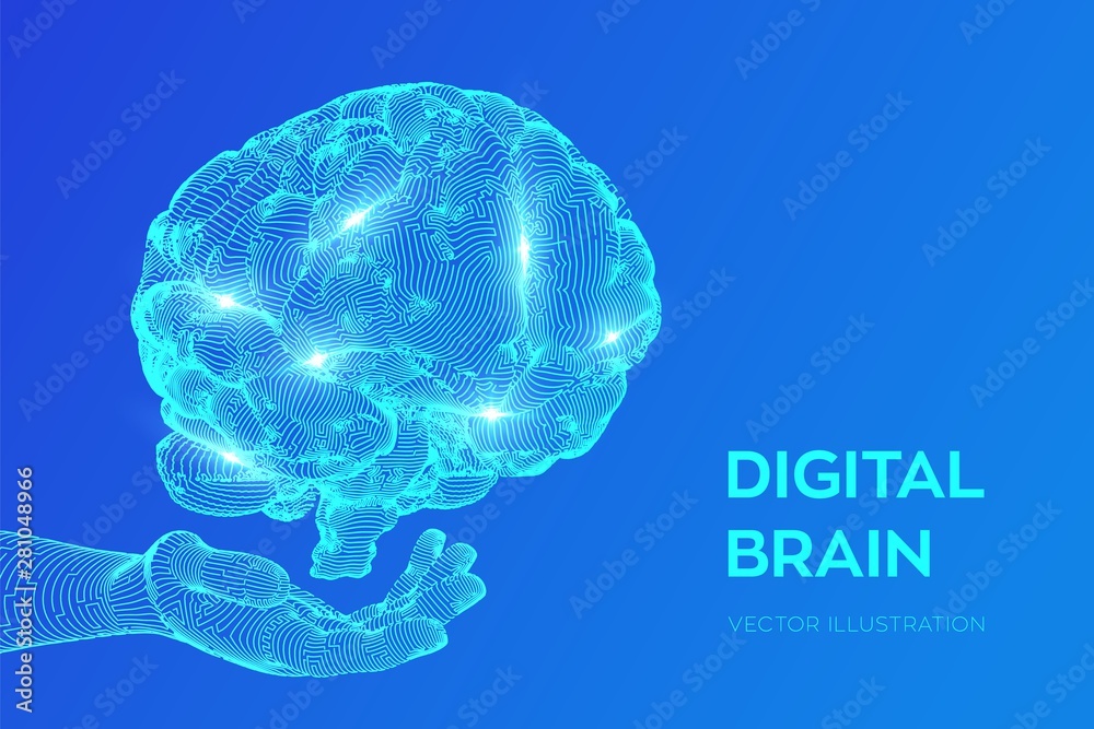 Brain. Digital brain in hand. 3D Science and Technology concept. Neural ...