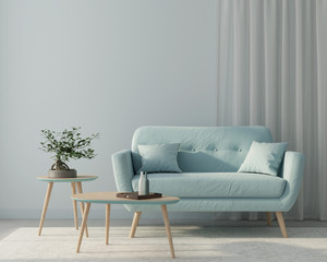 Wall Mural - Living room with a blue sofa and a stylish wooden tables. 3d render