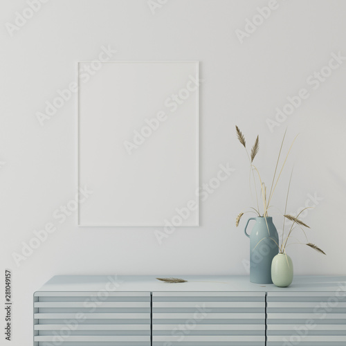 Obraz Dibond Mock up interior with poster and blue chest of drawers. 3d render
