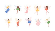 Bundle Of Funny Gorgeous Fairies In Different Dresses Isolated On White Background. Set Of Mythological Or Folkloric Winged Magical Creatures, Flying Fairytale Characters. Flat Vector Illustration.