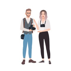 Wall Mural - Cute man and surprised woman photographers isolated on white background. Pair of funny photo journalists with professional equipment standing together. Flat cartoon colorful vector illustration.
