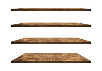 Wall Mural - a collection of brown wooden shelves on a white background that separates the objects. there are cli