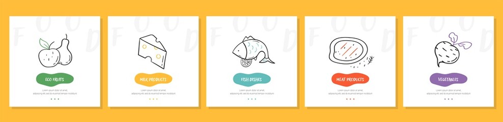 Wall Mural - set of line style food illustrations - part 1. hand drawn modern nutrition concept. food banner temp