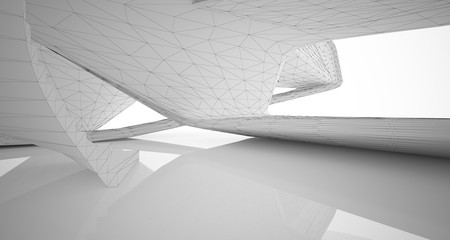  Abstract architectural white interior of a minimalist house with large windows. Drawing. 3D illustration and rendering.