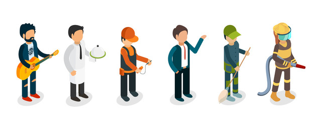 Sticker - Male professionals isolated on white background. Isometric musician, fireman, waiter, electrician, janitor vector characters. Electrician and fireman, professional engineer illustration