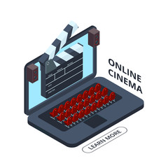Poster - Online cinema isometric vector icon. Home cinema illustration. Cinema movie online laptop, video screen entertainment