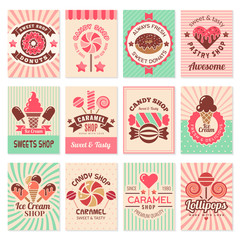 candy shop cards. sweet food desserts confectionary symbols for restaurant menu vector flyer collect