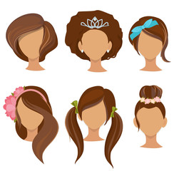 Wall Mural - Woman hairstyles. Young girls stylish hair items hoops bows elastic bands clips vector pictures collection. Illustration of hairstyle female, girl fashion