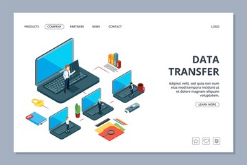 Wall Mural - Data transfer landing page. Isometric information transfer web page. Business team, local network. Transfer data, datacenter cloud transfer information illustration