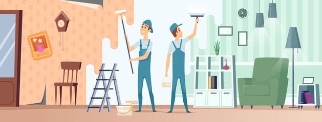 Sticker - Room repair. House builders with professional equipment repairman renovation room vector illustrations. Renovation builder, improvement home and repair house