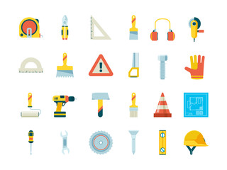 Poster - Construction equipment. Industrial tools for builders crane saw wheelbarrow paint hammer vector flat collection. Illustration of drill and roller, saw and brush