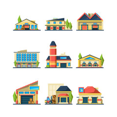 Sticker - Warehouse. Flat facade buildings of store or factory warehouse exterior house vector illustrations. Collection of warehouse architecture, wholesale warehousing