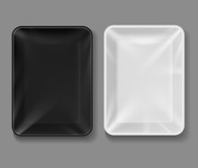 Plastic Tray. Food Package With Transparent Wrap, Black And White Empty Containers For Vegetables, Meat. Vacuum Boxes 3d Vector Mockup