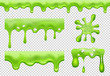Slime. Green toxic flowing blotting and splatter dripping transparent liquids slimy vector realistic collection splashes. Toxic green splatter, drip and drop slime liquid illustration