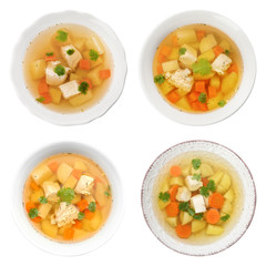 Set of fresh homemade chicken soup on white background, top view