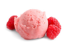 Scoop Of Delicious Raspberry Ice Cream With Fresh Berries On White Background