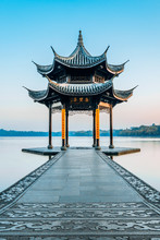 Jixian Pavilion During Sunrise In Hangzhou, Zhejiang Province, China With All Chinese Words On It Only Introduces Itself Which Means "Jixian Pavilion "without Advertisement.