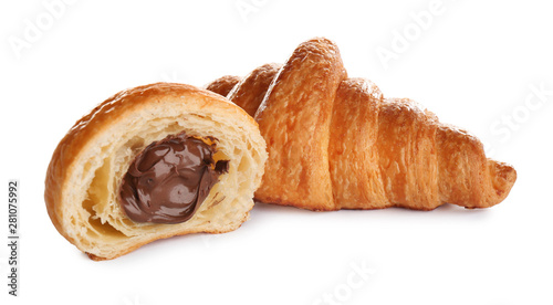 Fotografía Fresh croissants with chocolate stuffing on white background