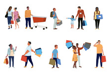 Shoppers Flat Vector Characters Set. Buyers With Purchases, Consumers Buying Products Pack Isolated On White Background. Cartoon People Holding Paper Shopping Bags Illustrations