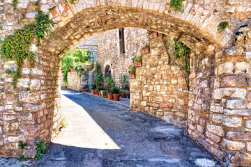 Wall Mural - Medieval buildings of the old town of Assisi through a picturesque stone arch, Italy