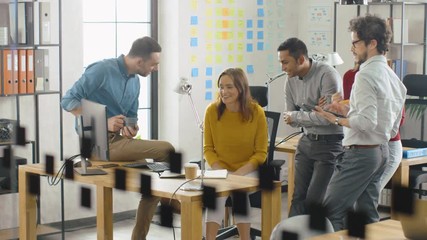 Poster - In the Stylish Modern Office: Diverse Group of Colleagues Have Meeting. Businesspeople Using Desktop Computer, Watch Fun Videos, Company Educational Materials, Discuss Startup Growth Strategy