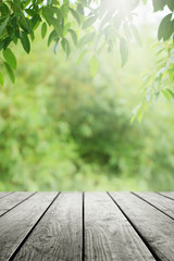 Wooden table and blurred green leaf nature in garden background. 