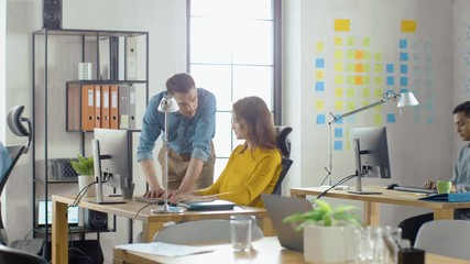 Poster - Group of Professional Employees Working on Desktop Computers, Walking Through Busy Office. Talking With Colleagues, Designing Software, Performing Customer Support, Emailing Clients, Marketing Sales