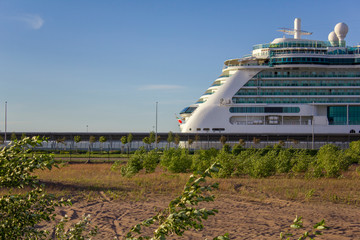 feed a large white cruise liner at the pier with green bushes