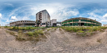 Full Seamless Spherical Hdri Panorama 360 Degrees Angle View Near Abandoned Ruined Factory In Equirectangular Projection, VR AR Virtual Reality Content. Building Of Agricultural Elevator