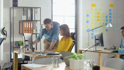 Poster - Group of Professional Employees Working on Desktop Computers, Walking Through Busy Office. Talking With Colleagues, Designing Software, Performing Customer Support, Emailing Clients, Marketing Sales