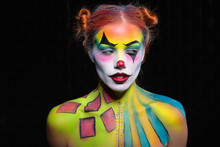 Beautiful Lady With A Face Painting Clown Posing In The Studio.