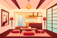 Kitchen In Asian Style, Chinese, Japanese, Eastern Room Interior With Cooking Appliances, Refrigerator, Low Table With Food, Drinks And Seats Around, Traditional Hotel. Cartoon Vector Illustration