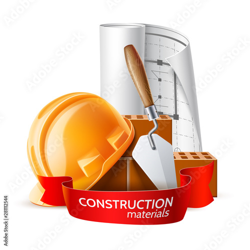 Cuadros en Lienzo Realistic hard hat, blueprint, mortar trowel and bricks