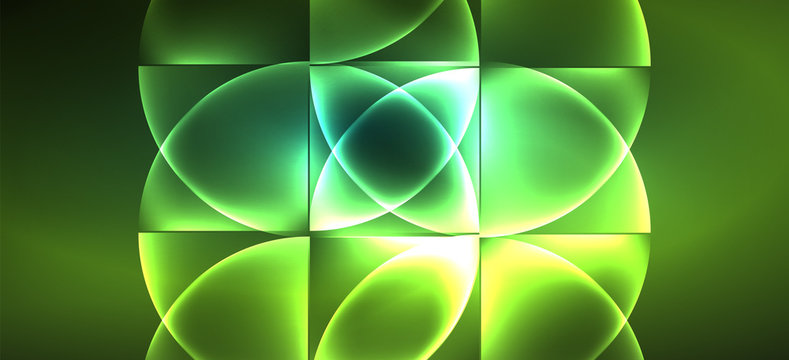 Techno glowing glass geometric shapes vector background, futuristic dark template with neon light effects and simple forms
