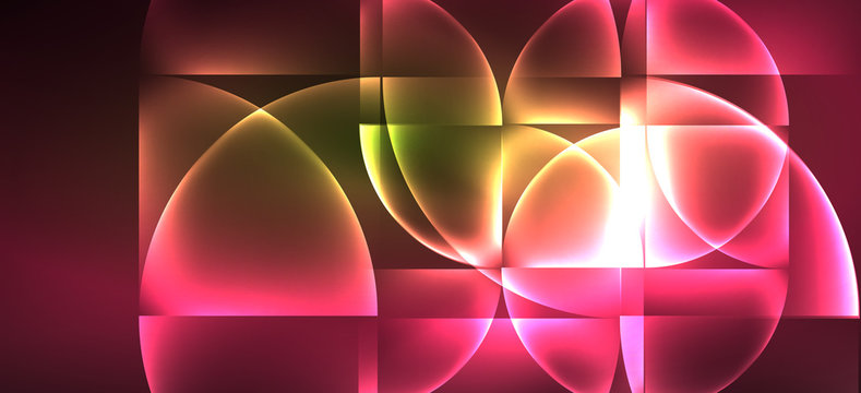 Techno glowing glass geometric shapes vector background, futuristic dark template with neon light effects and simple forms