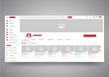 Web Browser Youtube Video Channel User Interface Page With Search Field And Video List. Video Player Web Site Interface Mock Up. Vector Web Page Template